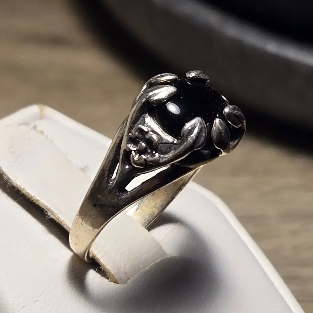 Floral Black vintage sterling silver ring sz 7 - Picture 2 of 6